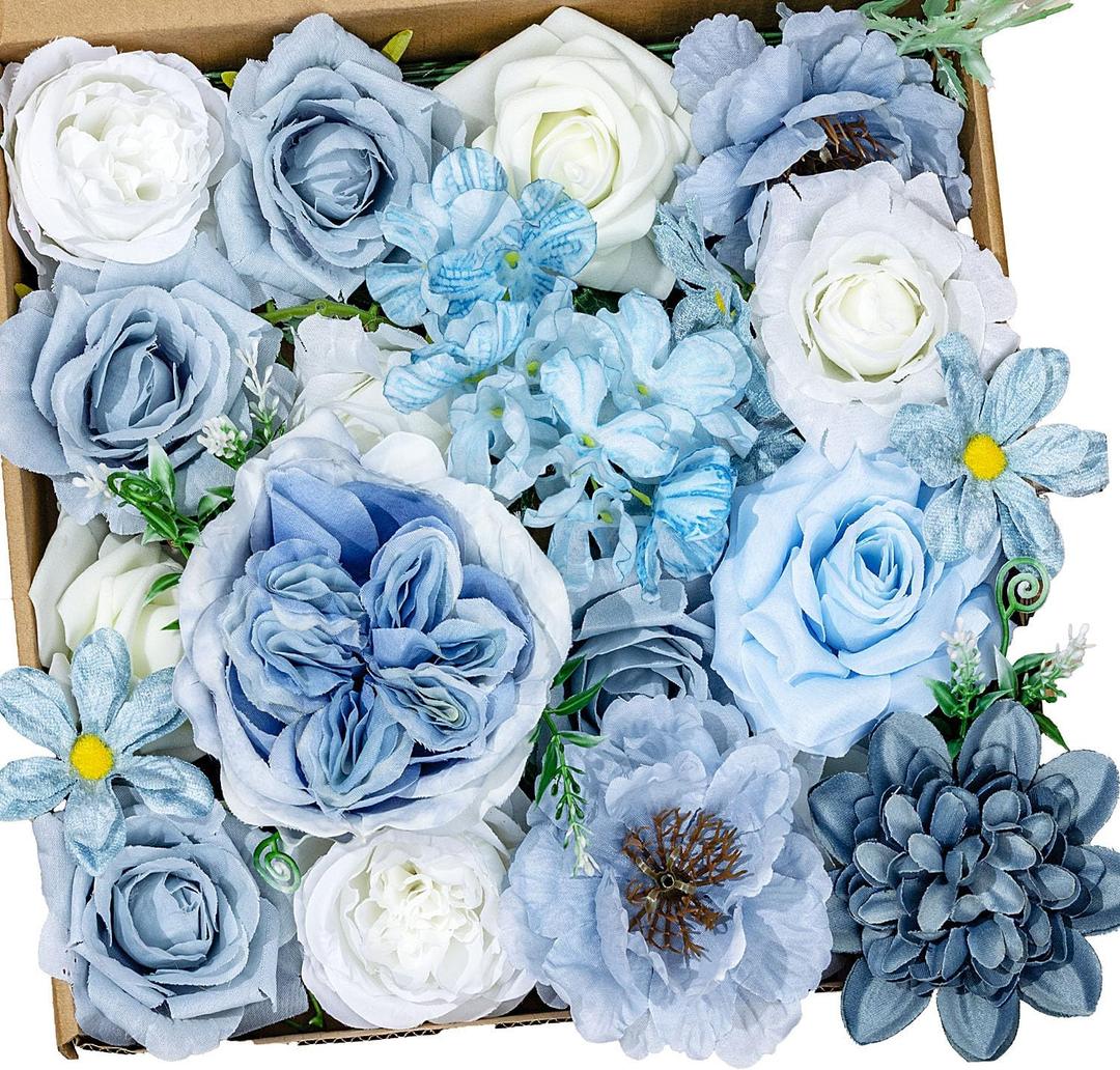 Dusty Blue Artificial Flowers Combo, Baby Blue Wedding Flowers Fake Floral Bulk Bouquets, Light Blue Flowers, Silk Rose Flowers for Wedding Bridal Shower Table Centerpieces & Home Party Decor