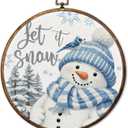 HUGANE Christmas Blue Snowman Bird Round Wall Art Decor, Let it Snow Cozy Rustic Xmas Winter Hanging Canvas Framed Prints Wall Sculptures for Home Bedroom Living Room Decor, 10x10 Inch