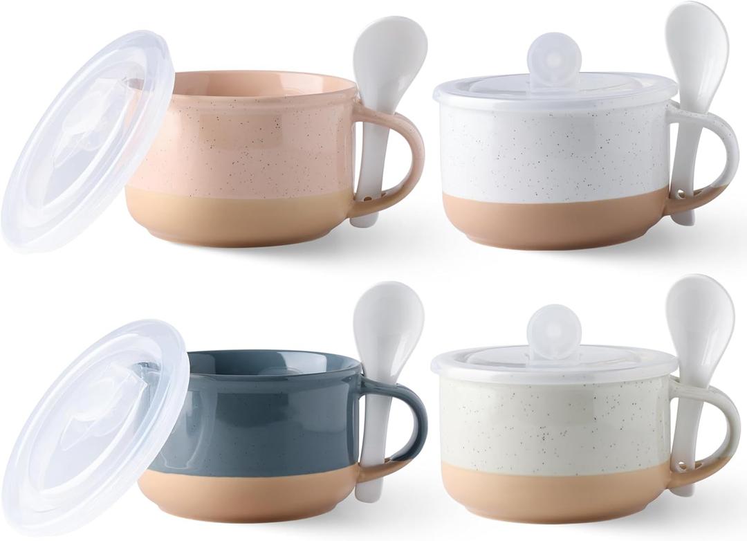 GBHOME Ceramic Soup Mugs with Handles and Lids,24 OZ Soup Cups Set of 4 with Terracotta Underside,Mug Bowls with Spoon for Soup/Cereal/Salad/Noodles/Ramen/Microware &Dishwasher Safe-Colorful (Multicolor-1)