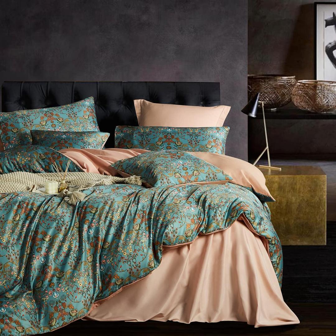 Vintage Style Duvet Cover Set,5 PCS Boho Comforter Cover Set,Paisley Floral Bedding Set,Green Floral Duvet Cover,Queen Duvet Cover,Soft Reversible Design(Autumn,Queen)