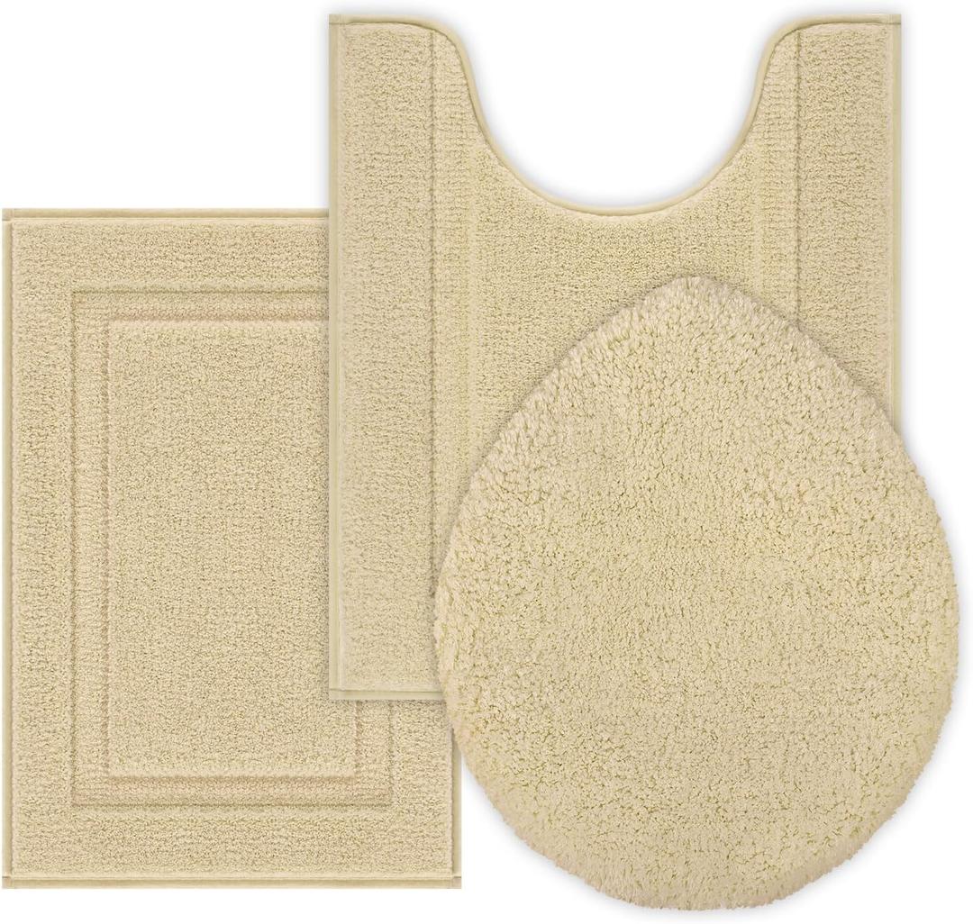 SHACOS Microfiber Bathroom Rugs Set of 3 with Toilet Lid Cover Non Slip Washable Bath Mat Absorbent Bathroom U Shape Toilet Rug 20"x24"+Toilet Lid Cover 19"x21", Light Beige
