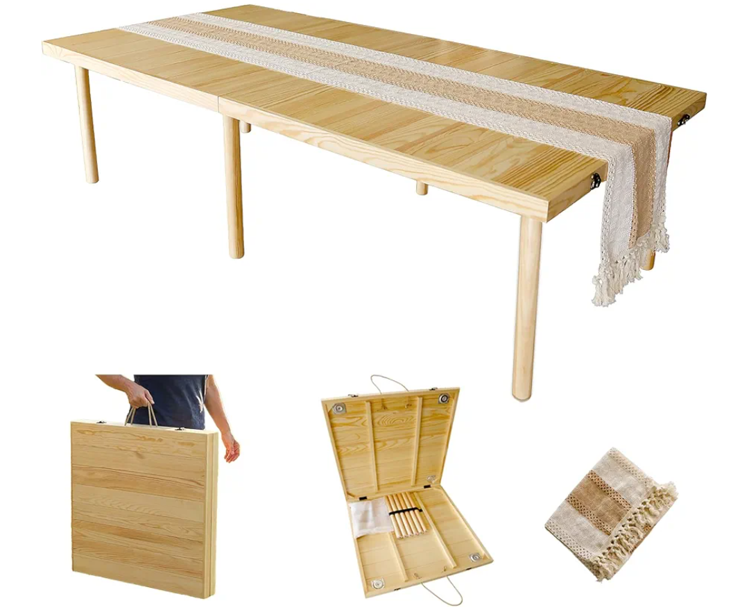 Folding Picnic Table with Table Runner, Portable Boho Low Picnic Table for Indoor Outdoor, 60" x 30" Wooden Table for Camping, Wedding, Beach, Garden, Party(Large Size for 6-8)