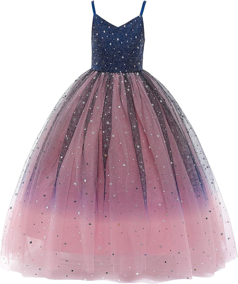 Glamulice Princess Sparkle Tulle Dress Flower Girl Little/Big Girls Wedding Bridesmaid Dresses Pageant Party Ball Gown (7-8 Years, Navy Blue + Pink - Ankle Length & Sparkle Tulle)