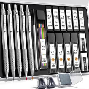 Four Candies Metal Mechanical Pencil Set, 3PCS Art Drafting Pencils 0.5, 0.7, 0.9MM & 2PCS 2MM Mechanical Drawing Pencils with 420PCS Leads (4B 2B HB 2H Color) for Writing Sketching Drawing (Silver)