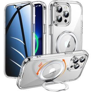 Privacy Case for iPhone 13 Pro Max with 360Stand [Built-in Anti Peeping Screen Protector] [Compatible with MagSafe] [Magnetic Ring ] Full Body Protective Phone Cover 6.7", Clear