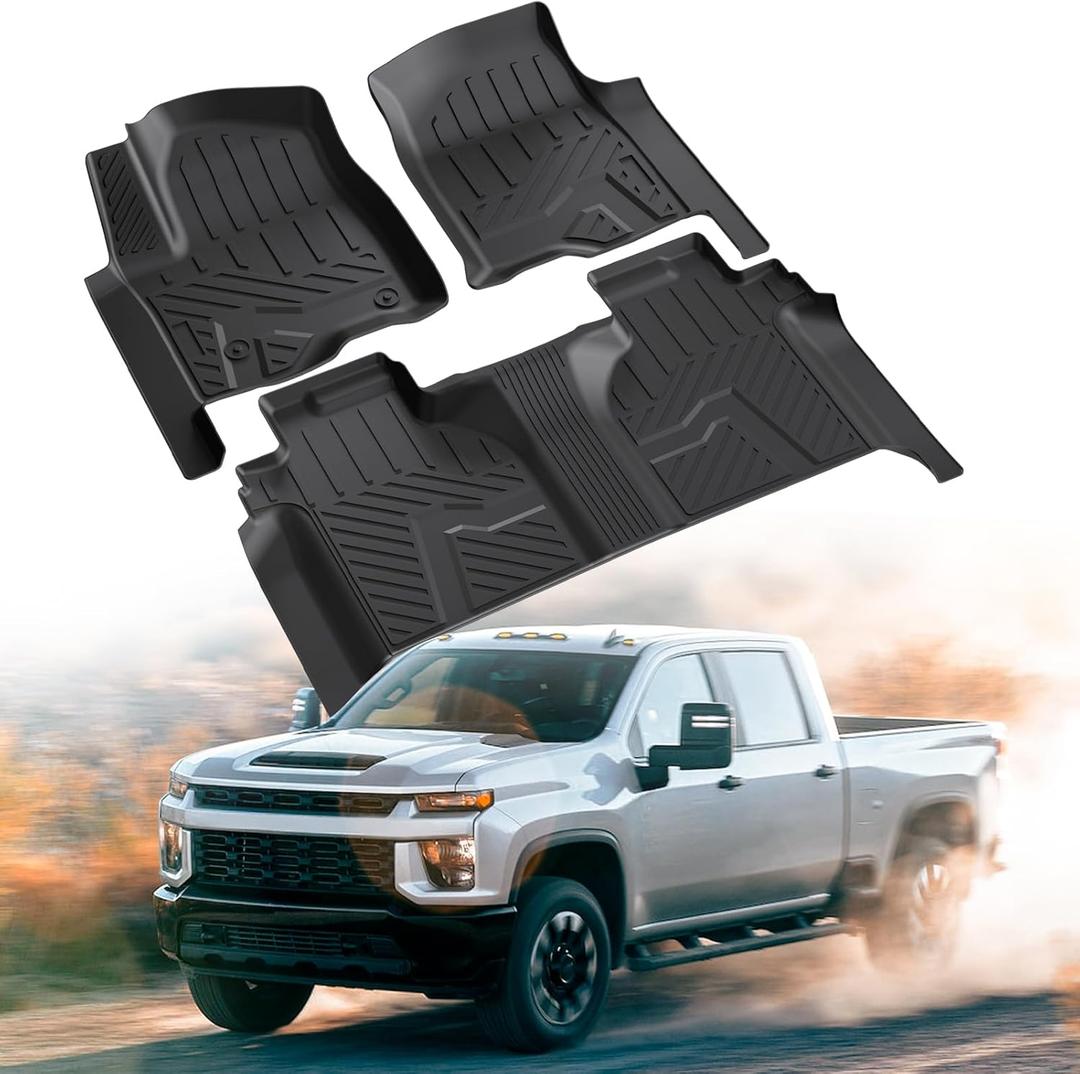 Floor Mats for Chevy Silverado/GMC Sierra 1500 2019-2024 2025 Crew Cab, 2019-2025 GMC Sierra 2500/3500 HD Crew Cab TPE All Weather Floor Liner (Rear Row with Factory Storage)1st & 2nd Row