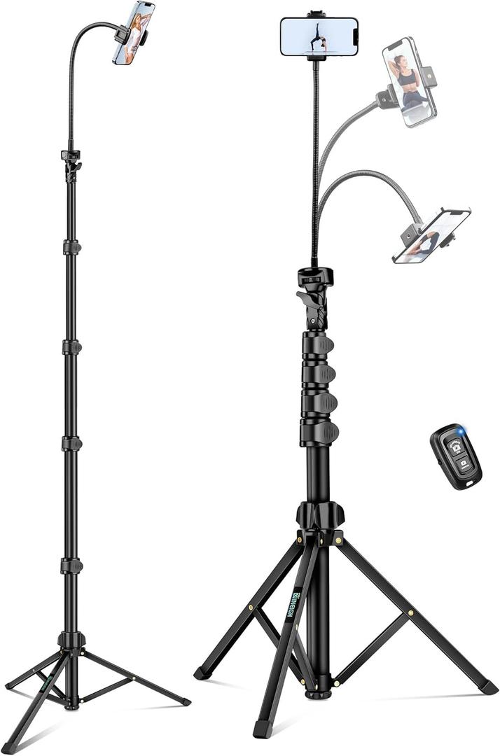 Phone Tripod, 85" Tripod for Cell Phone iPhone with Gooseneck, Aluminum Tripods Stand for Video Recording Photo Vlog, Travel Cellphone Tripod with Remote Compatible with iPhone Android (Black)