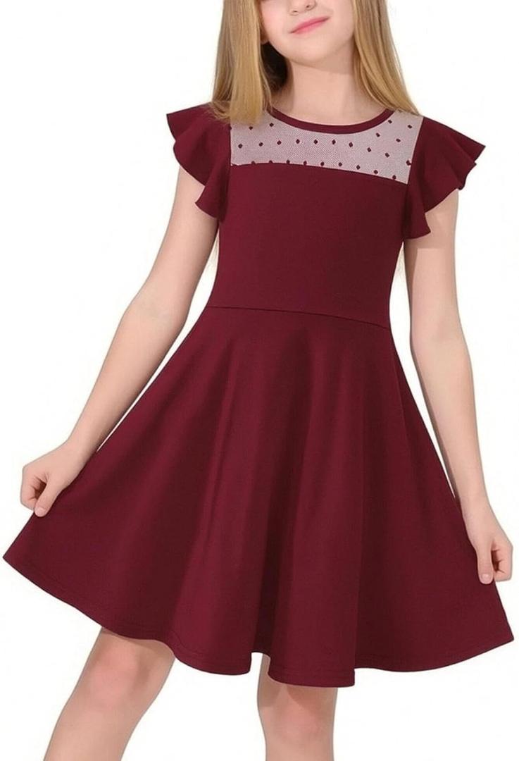 Little Bitty Girls Long Sleeve A-Line Tulle Princess Dress, Midi Length Casual Party Ribbed Knit Top Tulle Skirt (Red F) 3T