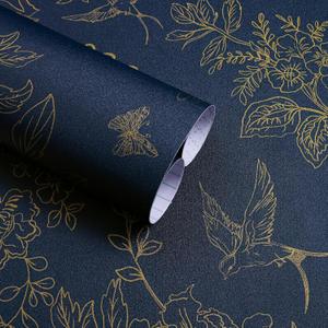 Dark Blue and Gold Vintage Floral Peel and Stick Wallpaper 17.7"x118.1" Dark Blue Floral Wallpaper Peel and Stick Removable Self Adhesive Wall Paper for Bathroom Bedroom Decorative Vinyl