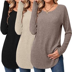 Ficerd 3 Pack Women's Curved Hem Long Sleeve Sweaters, Side Split Crew Neck Tunic Tops Loose Fit Shirts Basic Pullover, Size: XL