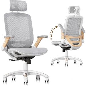 GABRYLLY Ergonomic Office Chair, High Back Home Desk Chair with Flip-Up Arms, Headrest, 90-120 Tilt and Wide Cushion, 300LBS White Mesh Chair for Work Gaming Study (GY01-NT, Woodgrain Pattern)