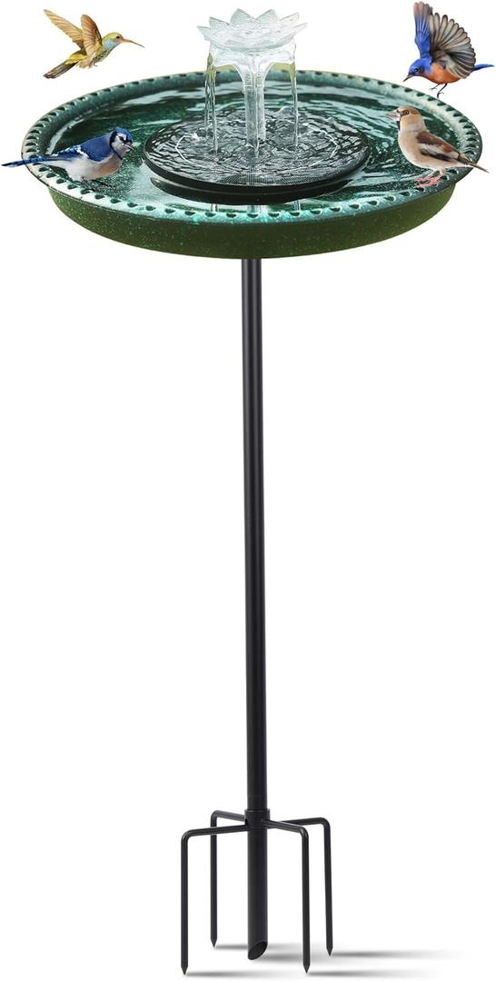 Solar Powered Bird Bath with Fountains for Hummingbirds,Stable Stylish Design with 5-Prong Base Stake Plastic Bird Bath for Outside Lawn Patio Yard Garden