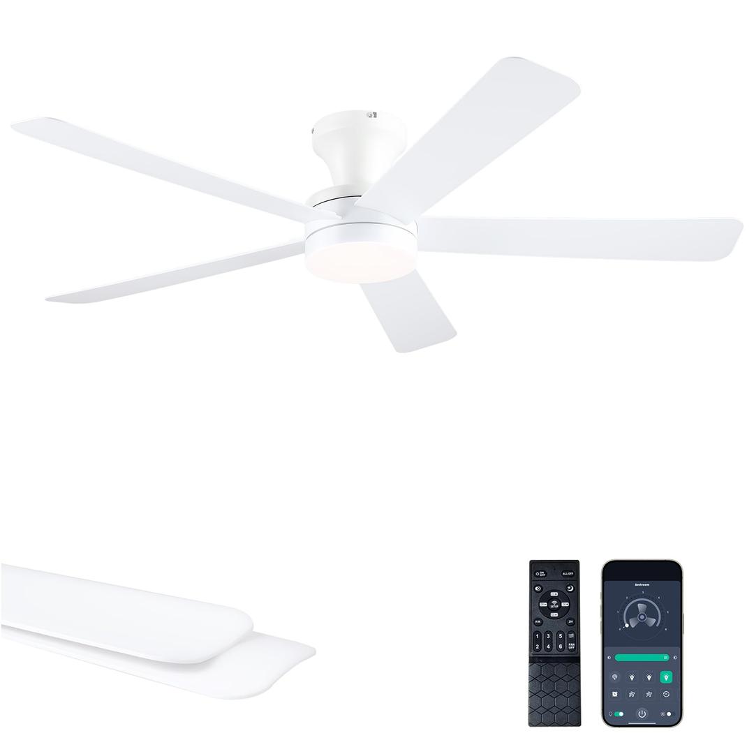 Ayaoty White Ceiling Fans with Lights, 46"- Flush Mount Ceiling Fan Light with ABS Blades Reversible, Low Profile, 3CCT Dimmable, Reversible, Fan Light for Indoor Modern Bedroom, Kitchen