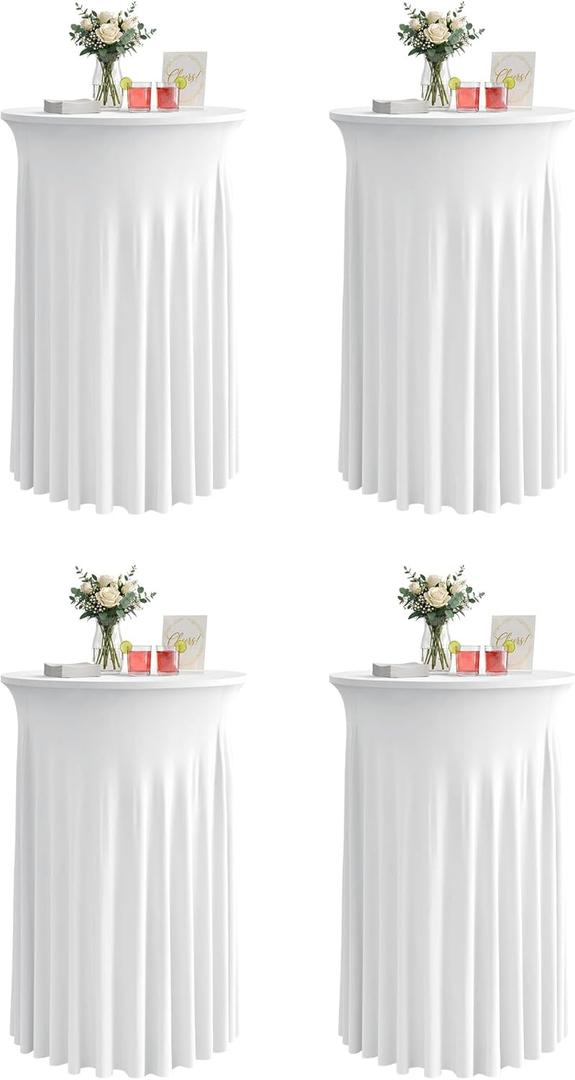 KeyWave Cocktail Table Tablecloth with Skirts - 32x43 Inch Wavy Spandex High Top Cocktail Table Covers, Ruffle Drape Highboy Tablecloth Reusable for Party Wedding Cake Standing Table, White, 4 Pack