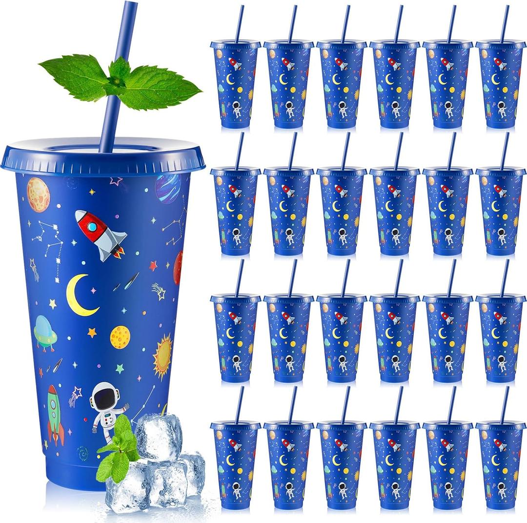 Chuangdi 24 Pcs Space Party Plastic Cups with Lid and Straw 24 oz Outer Space Party Favors Galaxy Astronaut Cups for Birthday Baby Shower Party Supplies