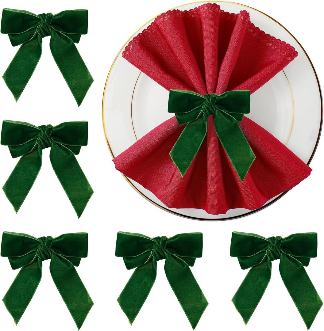 APTWOW Christmas Napkin Rings Set of 6 - Green Bow Velvet Napkin Holders, Chic Xmas Holiday Napkin Rings for Birthday Party, Anniversary Dinner, and Wedding Table Decorations