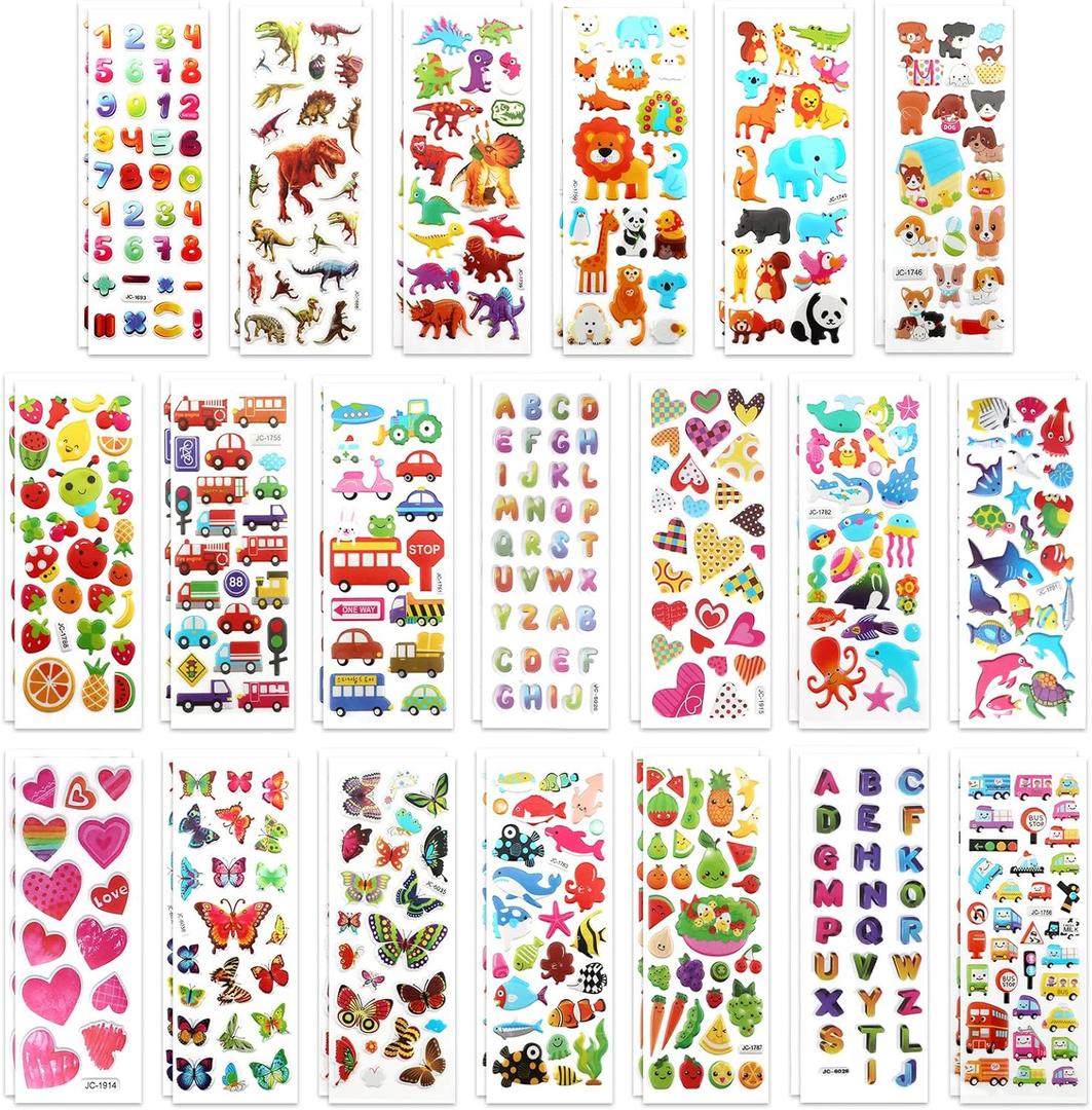 40 Sheets of 3D Puffy Stickers for Kids, Multiple Designs Self-Adhesive Stickers Includes Animals Numbers Letters Fruits for Journal Water Bottles DIY Crafts (Basic Style)
