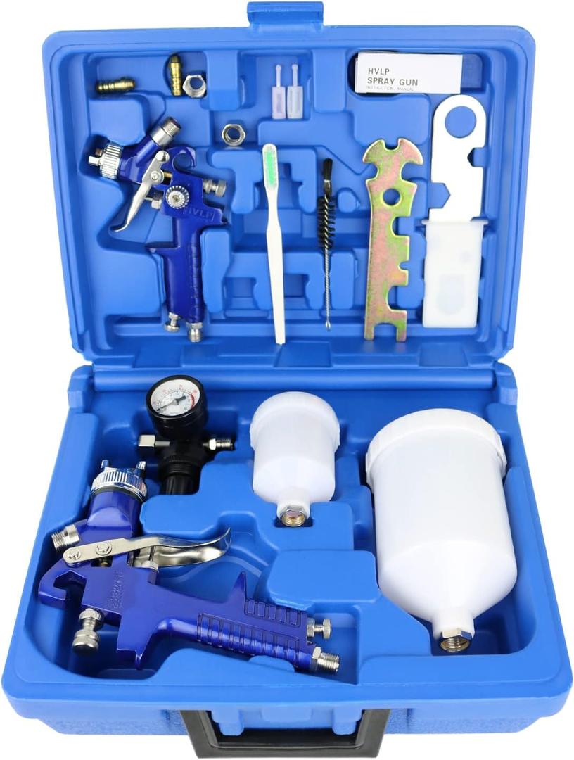 HVLP Air Gravity Spray Gun Set,2-Sprayer Paint Gun,0.8mm 150ml & 1.4mm 600ml Auto Gravity Feed Painting with Locking Air Pressure Regulator Gauge Air Spray Nozzle Gun for Cake Decoration,Model Making