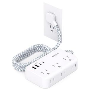 Power Strip Extension Cord - 6 Outlets and 4 USB (2 USB C), Braided Cord with Ultra Thin Flat Plug, Wall Mount, Overload Protection, Travel, Cruise Ship, Dorm Room Essentials (5FT, White)