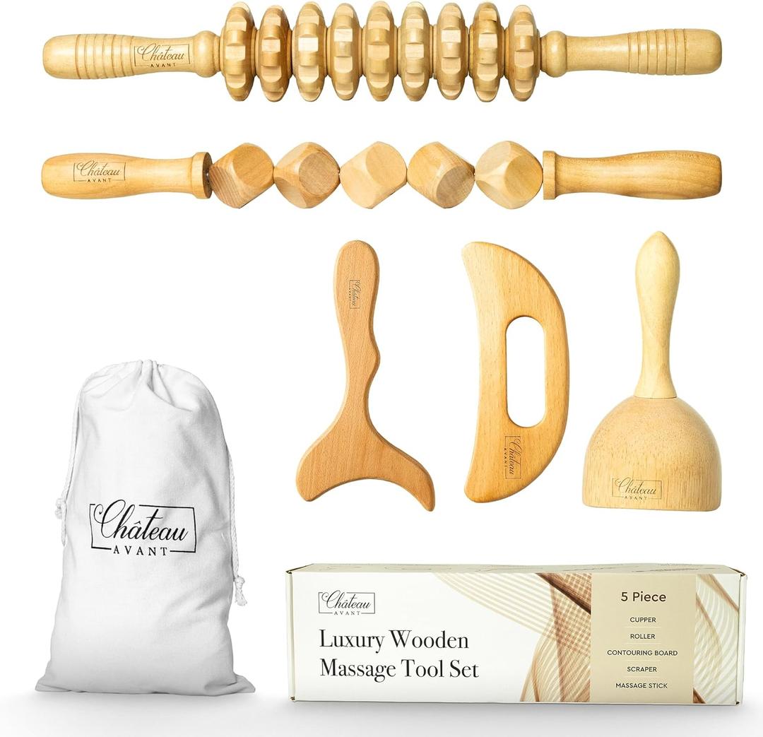 Chteau Avant 5Pcs Lymphatic Drainage Massager Cellulite Massage Tool  Luxury Wood Therapy Massage Tools Cupping Therapy Set Includes Cupper, Rollers, Contouring Board, Scraper  Tool Kit for Home