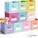 10 Pcs Fabric Storage Cube with Labels Collapsible Cube Organizer Basket with Window Card for Shelf Nursery Clothes Book Toy Festival Storage Bin Back to School (13 Inch, Macaroon)