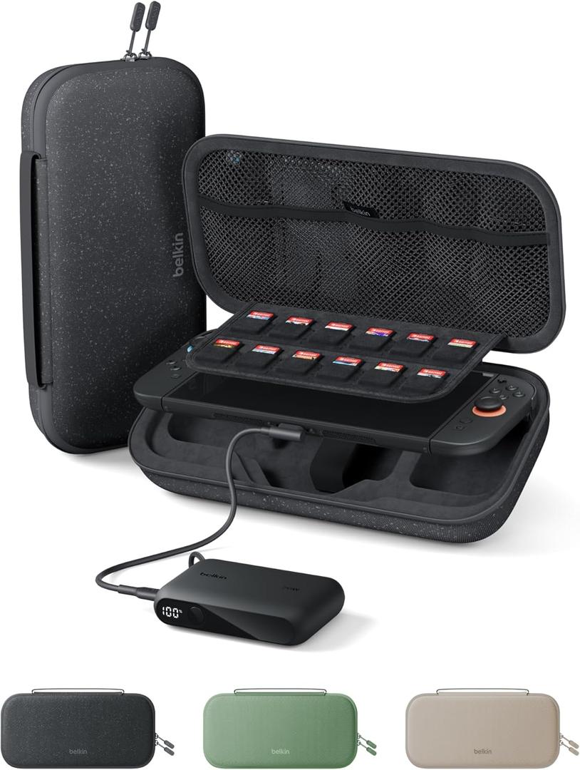 Belkin Nintendo Switch 2 Case w/Integrated 10,000mAh Power Bank Charger, Portable Hard Shell Protective Carrying Case with Pockets for AirTag, Game Cartridges for Travel - Charcoal (Black)