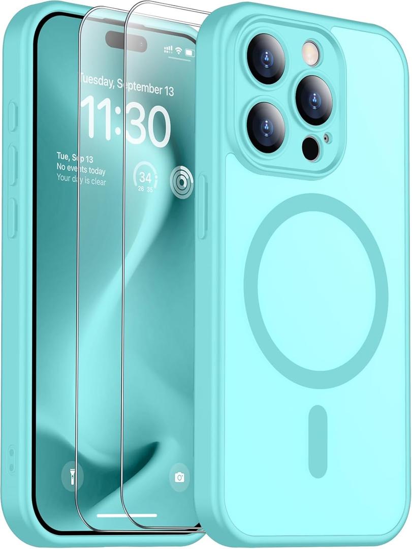 SPIDERCASE for iPhone 15 Pro Case, Magnetic Translucent Matte Case with 2PCS Tempered Glass Screen Protector Slim Phone Case for iPhone 15 Pro 6.1'', Blue Green