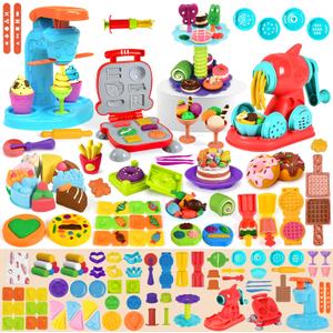 Aprilwolf 75 PCS 4 in 1 Dough Sets for Kids Ages 3-4-8, Art Crafts Dough Tools Kit, Ice Cream Playset Noodle Hamburger Maker Machine Dessert Rack, Kitchen Creations Food Play Toys Toddlers Boys Girls