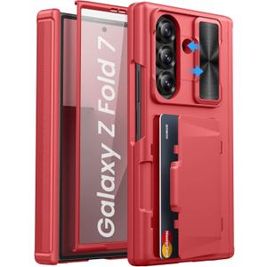 for Samsung Galaxy Z Fold 7 Case, Built-in Card Holder & Hinge Protection & Sliding Camera Lens Cover & Screen Protector, Rugged Heavy Duty Protective Phone Case for Galaxy Z Fold 7 2025, Red