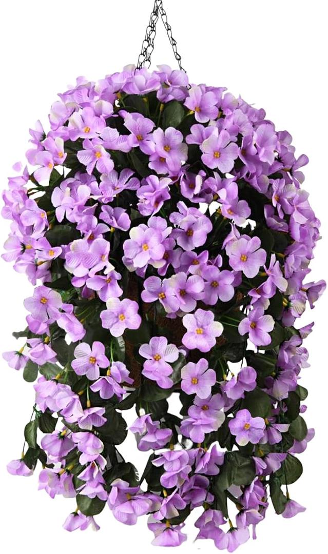Artificial Flowers Hanging Baskets, 4 Pcs Begonia Flower Outdoor Hanging Basket Spring Summer Decoration, Realistic Fake Flowers Plants for Porch Patio Balcony Yard Home Decor(Light Purple)