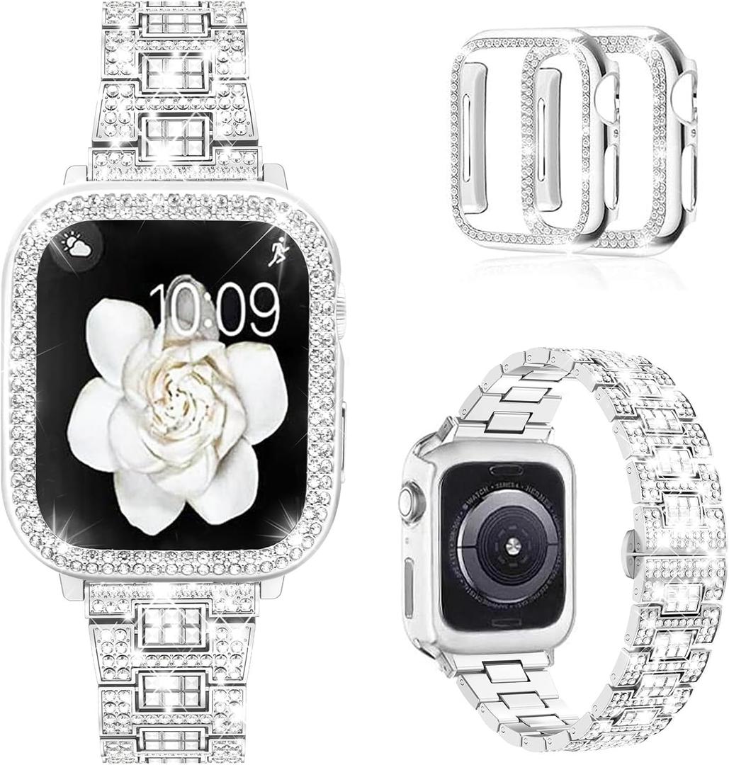 Mosonio Compatible with Apple Watch Band 38mm 40mm 41mm 42mm 44mm 45mm 46mm 49mm with 2 Pack Case Women, Jewelry Replacement Metal Bands Strap with Bling PC Protective Case for iWatch Ultra SE Series 11/10/9/8/7/6/5/4/3/2/1 (Sizes Vary By Mode)