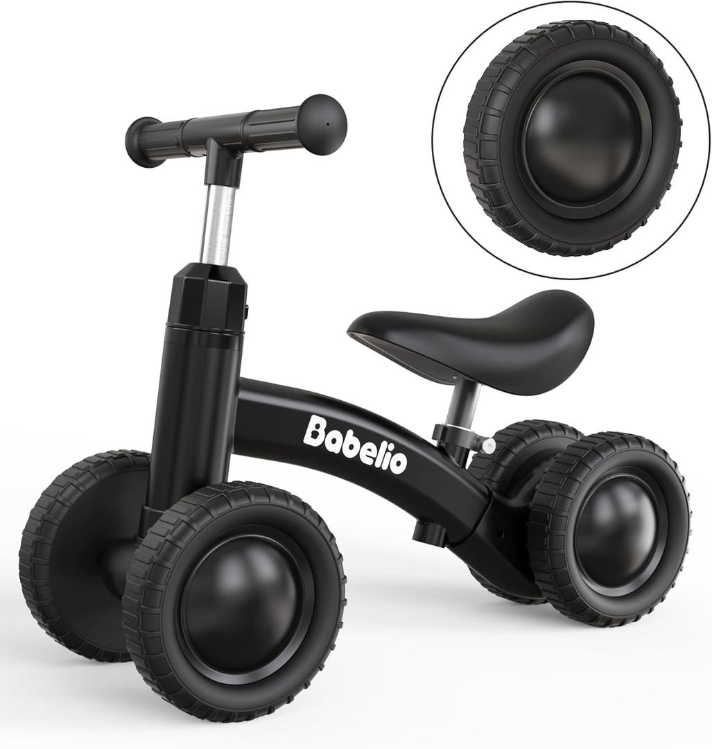BABELIO Baby Balance Bike for 1 Year Old Boys Girls, 10-36 Month Toddler Balance Bike, 4-Wheel Off-Roader Design, Adjustable Seat & Handlebar - Black