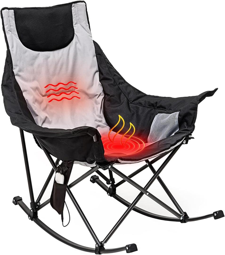 SUNNYFEEL Oversized Heated Camping Chair, Folding Rocking Camping Chairs with Luxury Padded Recliner,Carry Bag, 500 LBS Heavy Duty for Lawn/Outdoor/Picnic/Patio, Portable Rocker Camp Chair (1 PC)