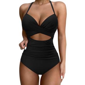 SUUKSESS Women Wrap Cut Out One Piece Swimsuit High Waisted Monokini Bathing Suit (8-10, 02 Black)
