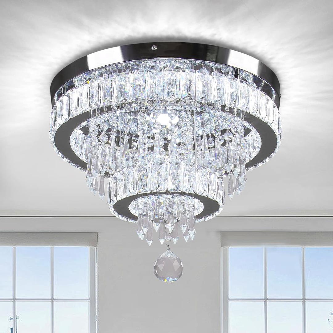 16" Crystal Chandeliers LED Crystal Ceiling Light Fixtures Flush Mount Ceiling Light Modern Chandelier Lights for Living Room Bedrooms Dining Room (6500K Cool White) (15.7 inch-White)