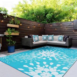 Wallona Outdoor Rugs 9x12 ft Patio Waterproof Clearance Indoor Outdoor Large Carpet for Patio Plastic Straw Reversible Area Rugs Mat for RV, Camping, Balcony, Beach, Picnic, Porch, Flower Teal & White
