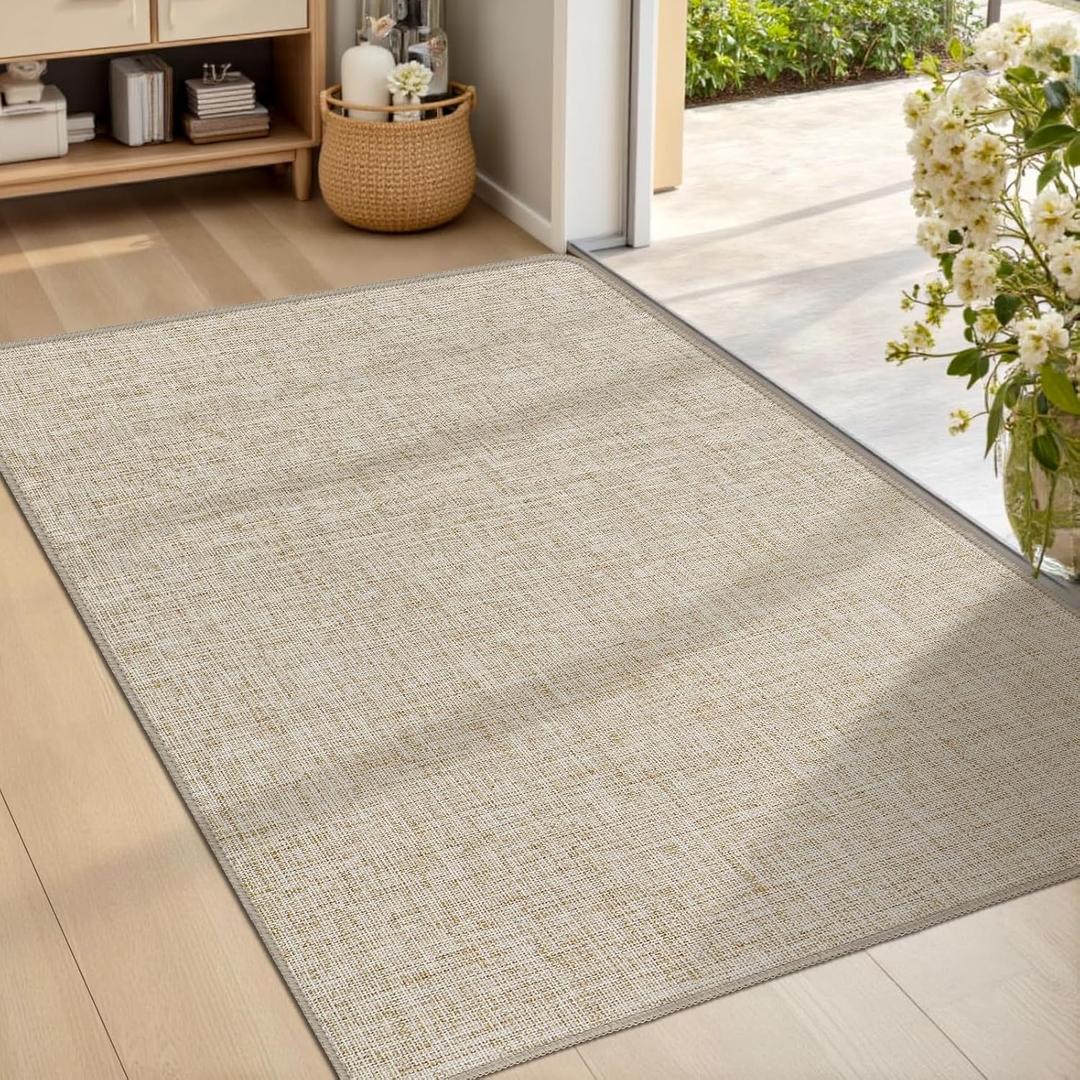 LEKEEPGO Ultra Thin Indoor Door Mat 24"x36", Low-Profile Door Mat Indoor Entrance, Non Slip Rubber Backing Inside Doormat Washable Welcome Front Entryway Dirt Trapper Entry Mat, Khaki