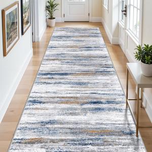 Large Runner Rugs for Hallway 4x18: Non-Slip Washable Wide Carpet - Soft Low-Pile Stain and Spill Resistant Rug for Entryway Living Room Dining Room Balcony Garage Office Navy Grey