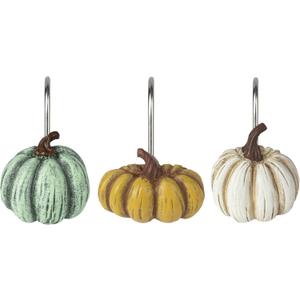 Sunlit Fall Pumpkin Decorative Shower Curtain Hooks, Autumn Harvest Festival Shower Curtain Rings, Resin, Pale Green White Yellow Farmhouse Bathroom Curtain Hangers Decoration, Set of 12