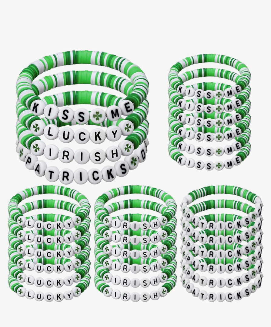 24 Pcs St. Patrick's Day Bracelet for Women Clay Lucky Irish Shamrock Beaded Bracelets Bulk for Party Decor Gifts