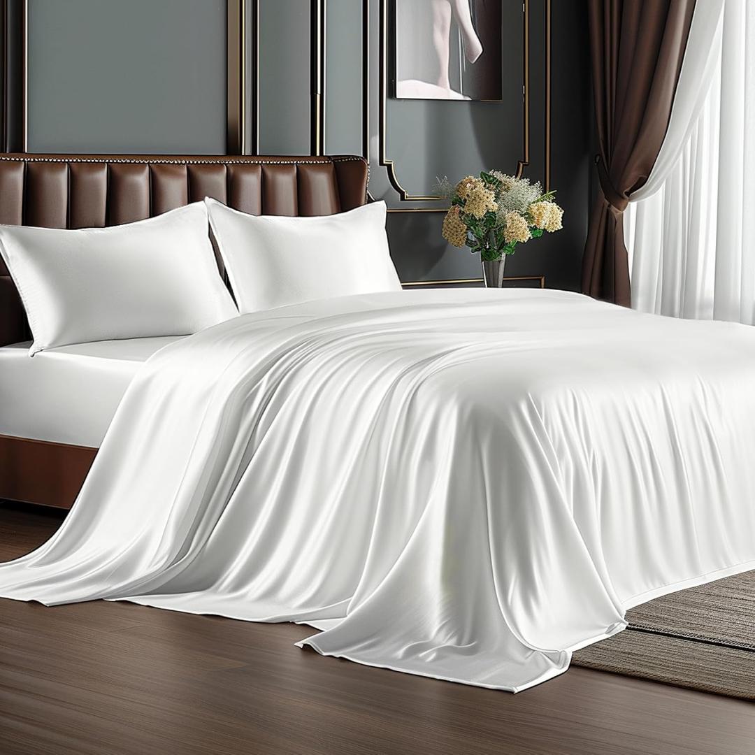 BEDELITE King Size Sheets Set, Luxury Soft White Satin Sheets for Hair and Skin, Similar to Silk Bed Sheets Set 4 Pieces with 1 Deep Pocket Fitted Sheet, 1 Flat Sheet, and 2 Pillowcases