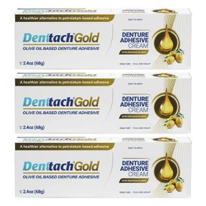 Denttach Gold Denture Adhesive, Petroleum Free Olive Oil Based Premium Denture Adhesive Cream for Full and Partial Dentures, All Day Secure Hold Denture Glue, Zinc Free, 2.4 Ounce (Pack of 3)