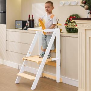 Foldable Toddler Learning Standing Tower, WOOD CITY Montessori Kitchen Step Stool Helper with 3 Adjustable Heights Learning Kitchen Tower(Natural-White)