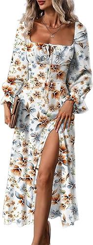 BLENCOT Womens Casual Square Neck Long Sleeve Boho Floral Midi Dress Print Side Split Dresses (Medium,  Brown Floral)