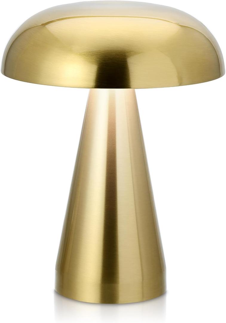 Brushed Gold Mushroom Table Lamp, Cordless Rechargeable LED Metal Lamp, Tap Touch 3-Color Modes Changing Light, Small Portable Accent Lamp for House, Restaurant, Hotel, Bars, Travel, Emergencies