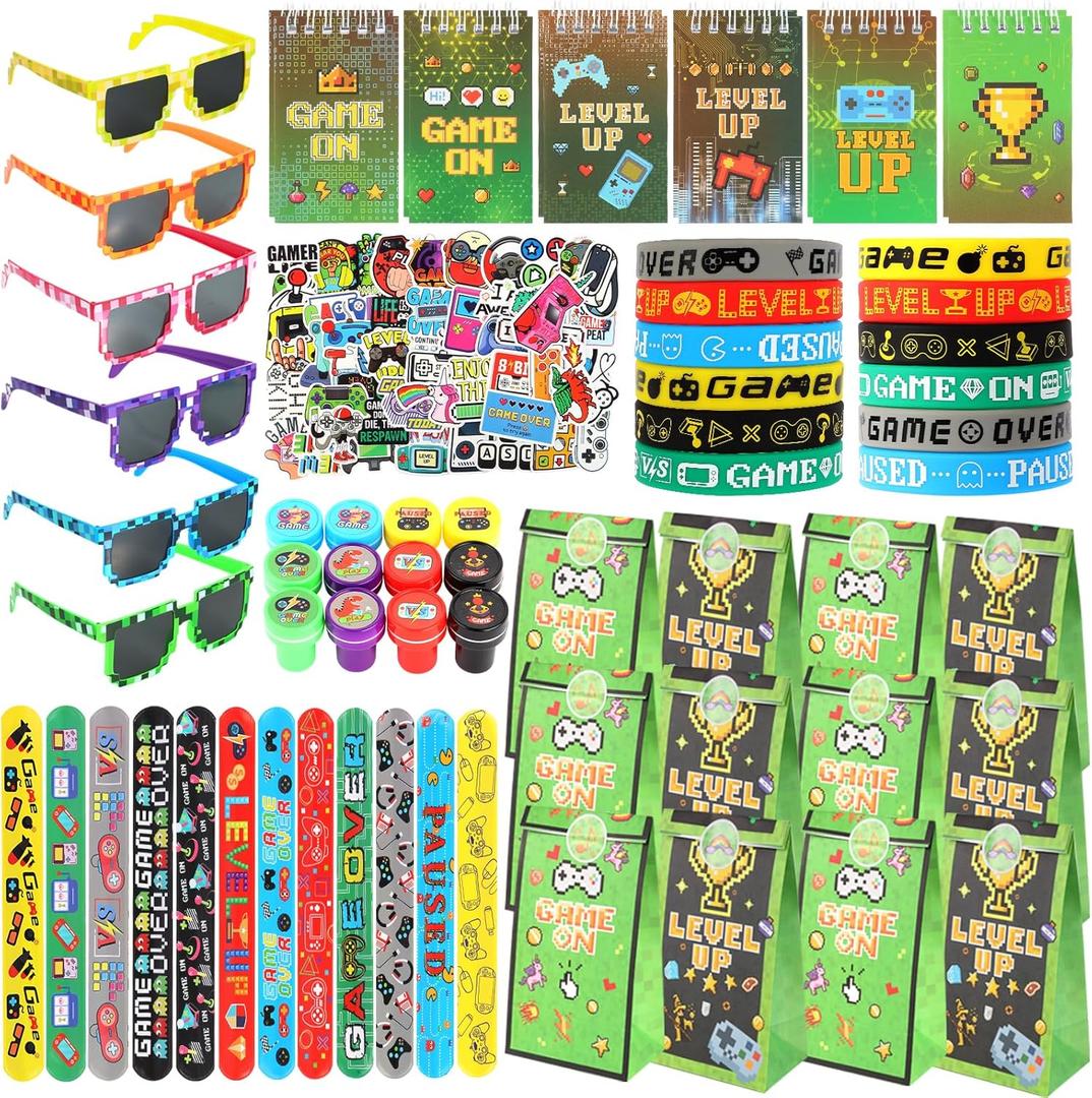 LiYiQ 122 Pcs Video Game Party Favors With Video Game Sunglasses Slap Bracelets Notebook Stamps Stickers and Gift Bag for Video Game Gamer Birthday Party Supplies