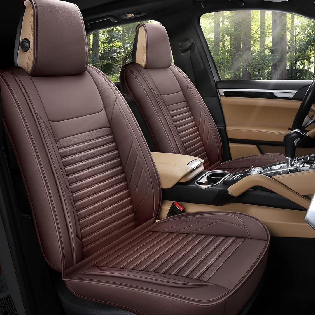 AOOG Leather Car Seat Covers, Leatherette Automotive Seat Covers for Cars SUV Pick-up Truck, Non-Slip Vehicle Car Seat Covers Universal Fit Set for Auto Interior Accessories, Full Set, Brown