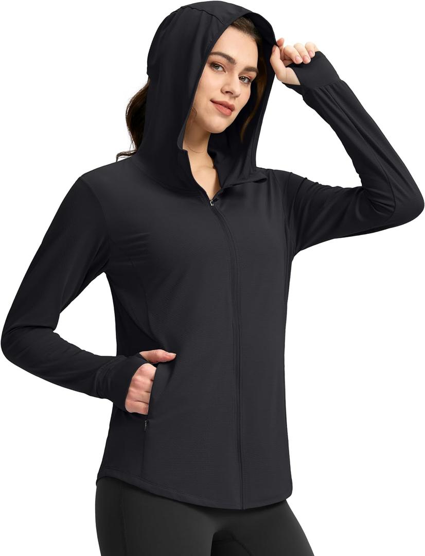 G Gradual Women's UPF 50+ Sun Protection Hoodie Jacket with Ponytail Hole and 4 Pockets Lightweight Long Sleeve for Hiking (Black, XL)