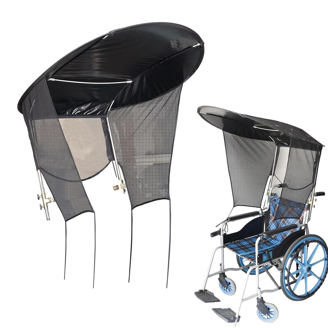 Electric Wheelchair Universal Umbrella Canopy Awning, Adjustable Sun Shade Rain Cover, Side Gauze Breathable, Black, Waterproof, Cotton, Wheelchair Accessory, Canopy
