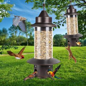 Squirrel Proof Bird Feeders - Gravity Protection Anti Squirrel Wild Metal Bird Feeders for Outdoors Hanging,Premium Hard Plastic Tube Bird Seed Feeder with 4 Feeding Ports for Blue Jay,Sparrow(Bronze)
